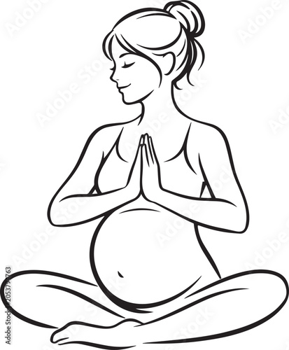 Pregnant woman meditating in lotus position with hands in prayer gesture