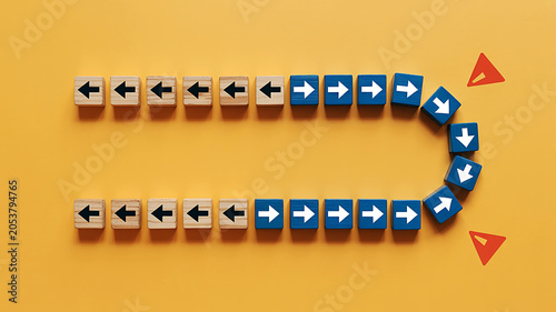 Minimalist business pivot and cybersecurity redirection concept with arrow blocks showing detour on a yellow background