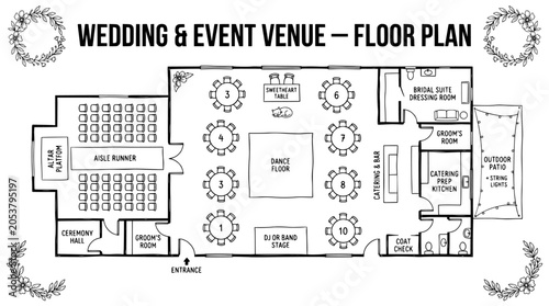 Slika na platnu Wedding and event venue floor plan, hand drawn architectural layout for receptio