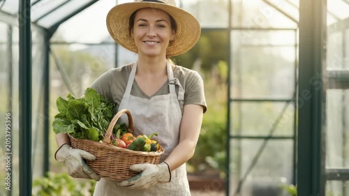 Smiling Woman Farmer Wearing Straw Hat Holding Basket Full of Fresh Vegetables in Greenhouse