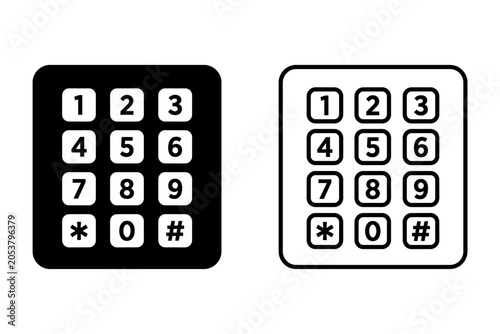 Two different keypad icons, one black and one white, showing numbers and symbols