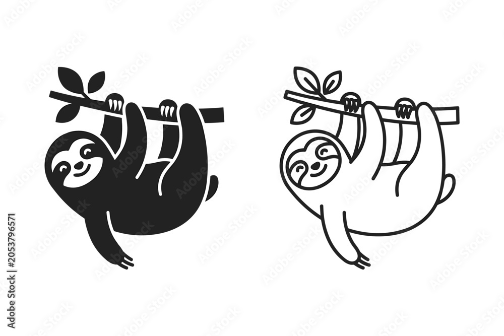 Obraz premium Cute cartoon sloths hanging from a tree branch in black and white styles
