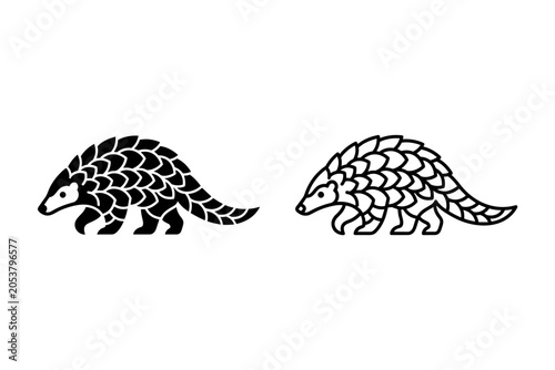 Two stylized pangolin icons, one solid black and one outline, on a white background