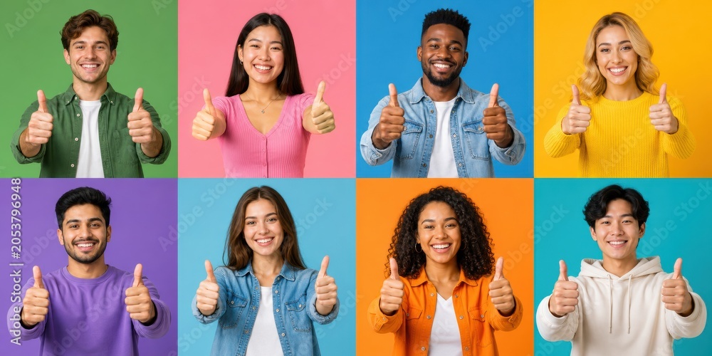 Obraz premium Diverse group of happy people showing thumbs up gesture in a collage of colorful portraits representing success, positivity, and multicultural unity in a modern society