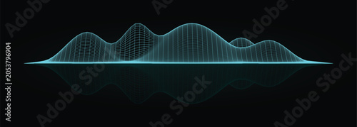 Abstract Digital Sound Wave Visualization Featuring Glowing Cyan Wireframe Grid Contours With Reflective Symmetry Against A Stark Deep Black Background Representing Data Connectivity And Sonic