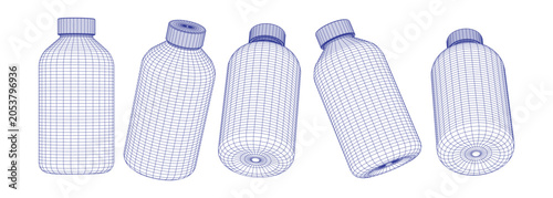 Set of Five Blue Wireframe Bottle Illustrations Featuring Digital Geometric Polygon Mesh Structures Isolated on White Background for Industrial Design and 3D Modeling Concepts