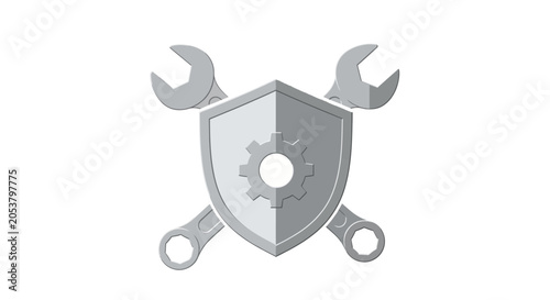 Silver shield with gear and crossed wrenches technical maintenance icon