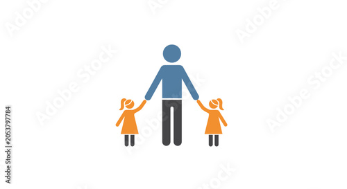 Single father holding hands with two young daughters flat illustration