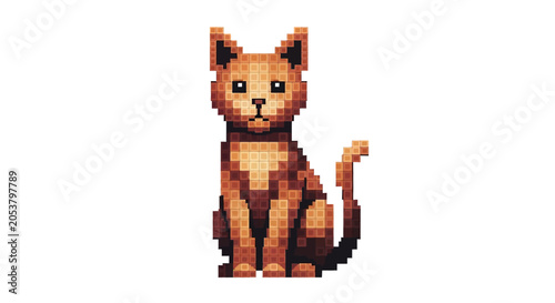 Sitting pixel art orange cat isolated on white background