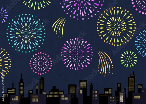 都会の夜景と打上花火の切り絵風イラスト