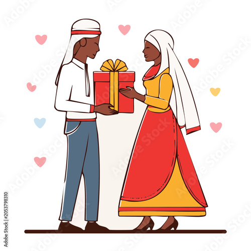 Arab Couple Giving Gift Vector Illustration