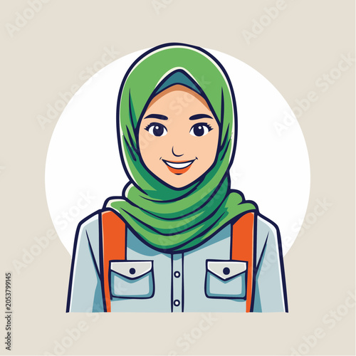 Cartoon illustration of a smiling woman wearing a green hijab and a backpack