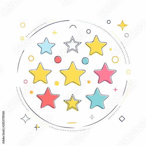 Colorful Stars and Geometric Shapes on White Background