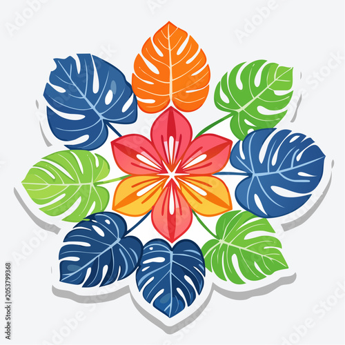 Colorful Tropical Flower and Leaves Mandala Design