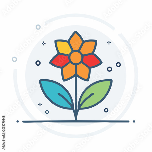 Stylized Flower Icon with Colorful Petals and Leaves