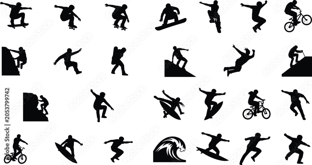 Naklejka premium Extreme Sports Silhouette Collection with Skateboard Surfing BMX Climbing and Parkour Athletes