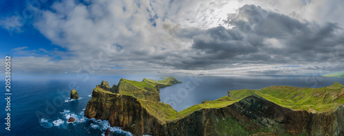 Panoramic view of Ponta de São Lourenço, Madeira Portugal, showcasing dramatic volcanic cliffs, headlands and the Atlantic Ocean.