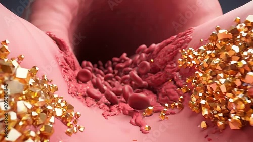 3D Medical Visualization of Atherosclerosis Showing Cholesterol Plaque Buildup Inside a Human Artery with Obstructed Red Blood Cell Flow