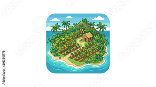Foto Tropical Island Farm: Lush Oasis, Farming, and Island Life Illustration