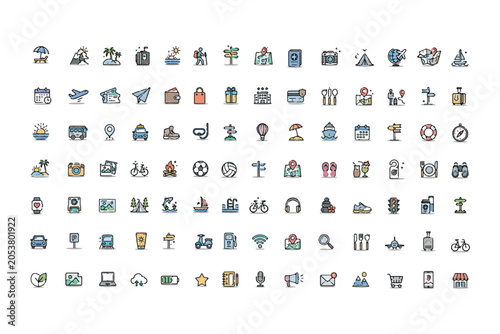 98 Travel and Vacation Icon Set – Colorful Line Icons for Tourism, Trip Planning, Transportation and Adventure Design