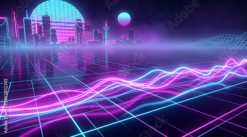 Retro 80s synthwave landscape with glowing neon grid floor and city skyline under a digital sun