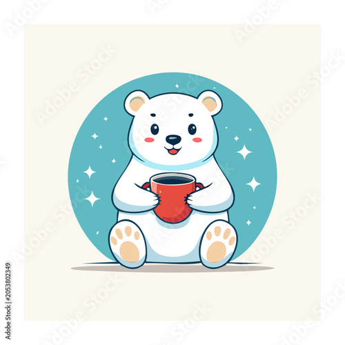 Cute polar bear cartoon character holding a mug