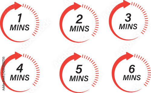 Clock Time Circle Icons Set from 1 to 6 Minutes, Countdown Timer Symbols, Circular Time Progress and Minute Clock Vector Illustration