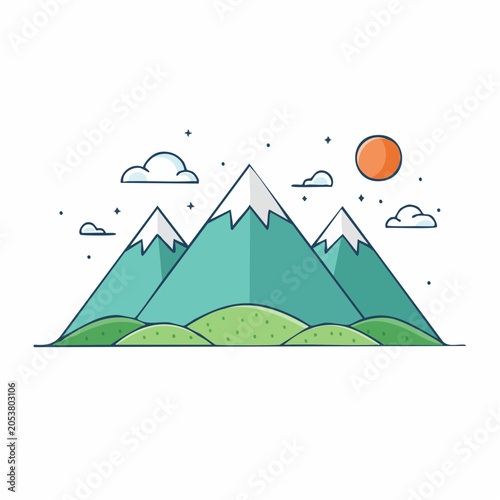 Flat Design Mountain Landscape with Sun and Clouds