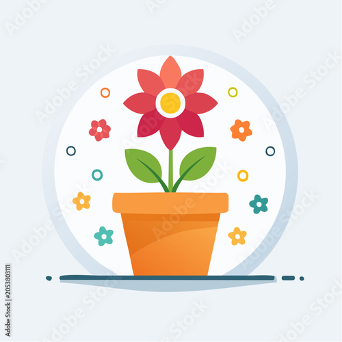 Flat illustration of a potted flower with smaller flowers and circles