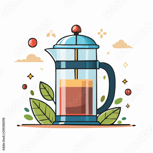 French Press Coffee Maker with Leaves and Clouds Illustration