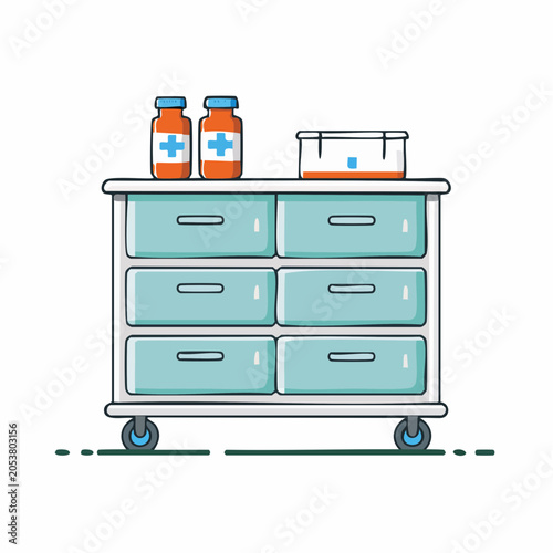 Medical Cart with Medicine Bottles and Container