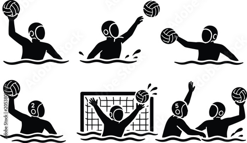 Tableau sur toile Water Polo Players and Goalkeeper Icons Set, Aquatic Team Sports Collection