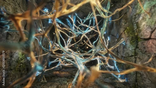 Abstract Network of Glowing Neural Connections in a Dark, Textured Environment