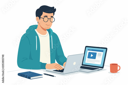 Man working on laptop flat vector illustration