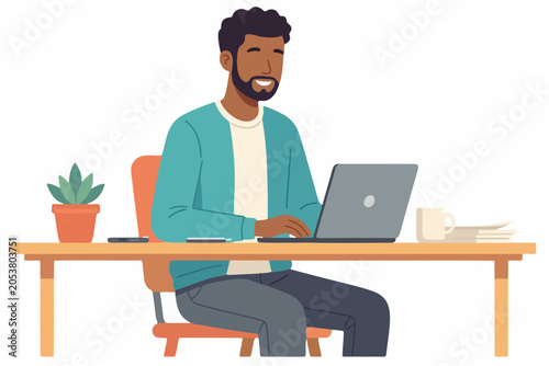 Confident man working on laptop flat vector illustration