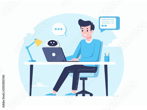 Man working with small AI robot flat vector illustration