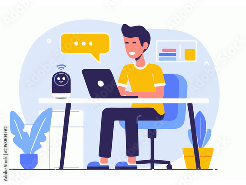 Man chatting with AI assistant in modern workspace flat vector illustration