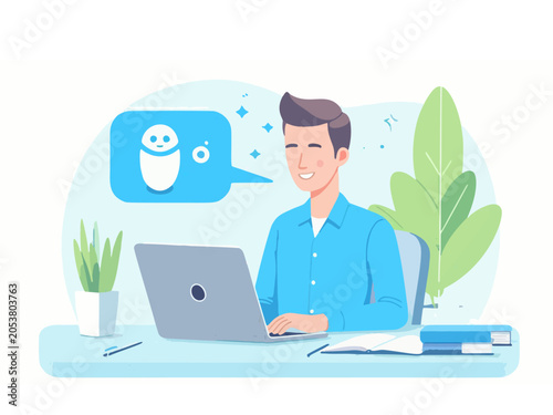 Man working with friendly AI robot flat vector illustration
