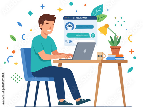 Young man chatting with AI chatbot flat vector illustration