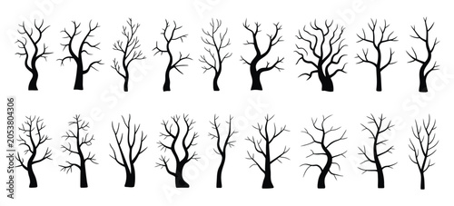 Bild auf Leinwand Twigs Tree Trunk and Branches vector set Leafless Bare Trees outline illustration for Dry forest Spooky Woodland Halloween Nature concept design