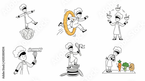 Funny Cartoon Chef Character Set Performing Circus Tricks with Food and Dishes