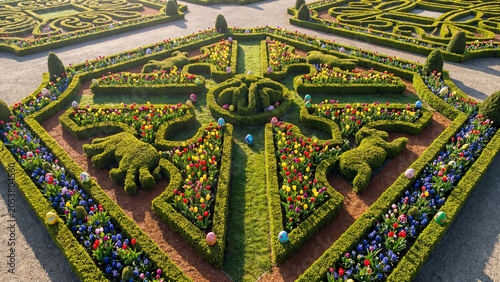 Aerial view of a formal parterre garden with manicured hedges and flower beds