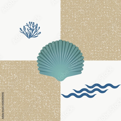Nautical shell and wave seamless checkerboard pattern. Coastal geometric patchwork tile design featuring sand, seafoam, and navy blue tones. Part of the Oceanic Geometry Collection