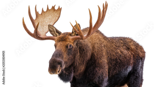Foto Majestic bull moose with large antlers and shaggy brown fur