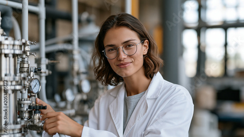 Research scientist in lab coat adjusting valve on pressurized carbon capture pilot unit, industrial tubing and gauges surrounding workstation, carbon sequestration research,