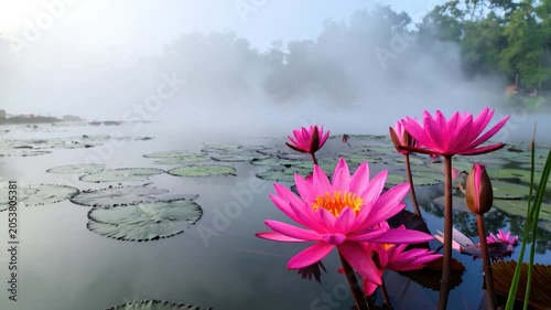 Pink water lilies blooming in misty lake at sunrise serene natural landscape