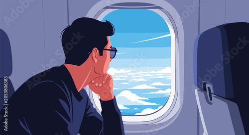 Passenger looks out of an airplane window at a beautiful sea of white clouds, capturing the feeling of wonder and excitement during air travel.