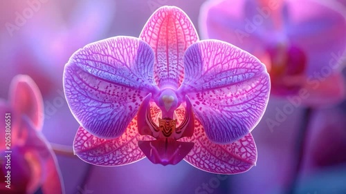Macro close-up of a vibrant purple and pink orchid flower with intricate patterns soft focus background