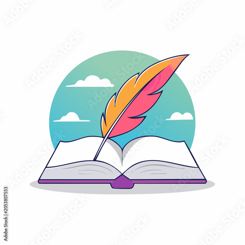 Open Book and Feather Quill Illustration