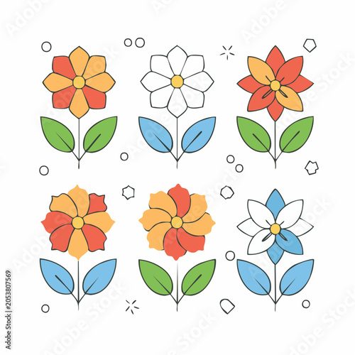 Set of stylized flowers with colorful petals and green leaves
